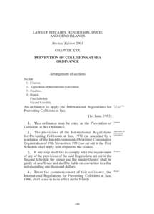 LAWS OF PITCAIRN, HENDERSON, DUCIE AND OENO ISLANDS Revised Edition 2001 CHAPTER XXX PREVENTION OF COLLISIONS AT SEA ORDINANCE