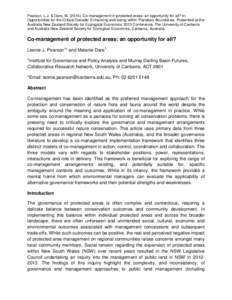 Pearson, L.J. & Dare, MCo-management in protected areas: an opportunity for all? In: Opportunities for the Critical Decade: Enhancing well-being within Planetary Boundaries. Presented at the Australia New Zeala