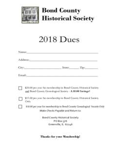 Bond County Historical Society 2018 Dues Name:____________________________________________ Address:__________________________________________