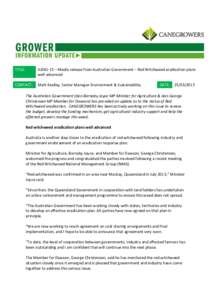 TITLE:  IU061-15 – Media release from Australian Government – Red Witchweed eradication plans well advanced  CONTACT: