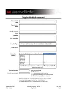 Supplier Quality Assessment Assessment Date Organization Name