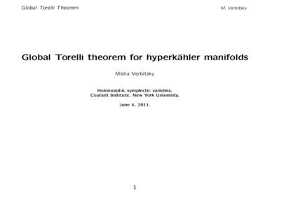 Global Torelli Theorem  M. Verbitsky Global Torelli theorem for hyperk¨ ahler manifolds