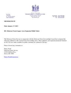 MEMORANDUM  Date: January 17, 2013 RE: Delaware Forest Legacy Area Expansion Public Notice