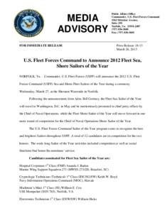 MEDIA ADVISORY FOR IMMEDIATE RELEASE Public Affairs Office Commander, U.S. Fleet Forces Command