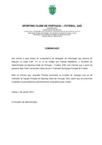 SPORTING CLUBE DE PORTUGAL – FUTEBOL, SAD Sociedade Aberta Capital Social: [removed]euros