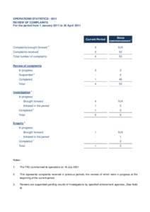 OPERATIONS STATISTICS[removed]REVIEW OF COMPLAINTS For the period from 1 January 2011 to 30 April 2011 Current Period