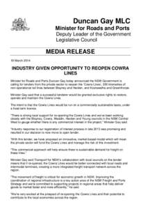 Duncan Gay MLC Minister for Roads and Ports Deputy Leader of the Government Legislative Council  MEDIA RELEASE