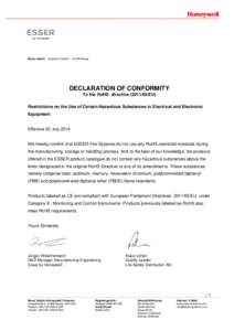 Novar GmbH · Postfach · 41429 Neuss  DECLARATION OF CONFORMITY To the RoHS directiveEU) Restrictions on the Use of Certain Hazardous Substances in Electrical and Electronic Equipment
