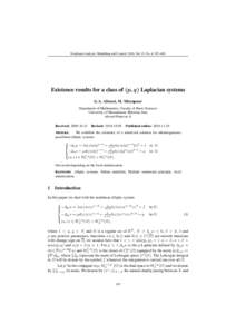 Nonlinear Analysis: Modelling and Control, 2010, Vol. 15, No. 4, 397–403  Existence results for a class of (p, q) Laplacian systems G.A. Afrouzi, M. Mirzapour Department of Mathematics, Faculty of Basic Sciences Univer