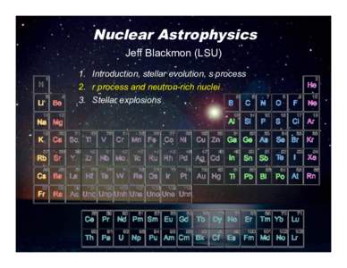 Nuclear Astrophysics	 
 Jeff Blackmon (LSU) 1.  Introduction, stellar evolution, s process 2.  r process and neutron-rich nuclei 3.  Stellar explosions