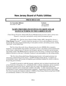 New Jersey Board of Public Utilities PRESS RELEASE For Immediate Release: November 19, 2009  Contact: