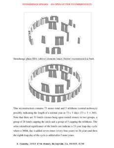 STONEHENGE SPEAKS: AN OPEN LETTER TO UMBERTO ECO  Stonehenge phase IIIA: (above) elements intact, (below) reconstructed as built. This reconstruction contains 73 stones total and 5 trilithons (central archways) possibly 