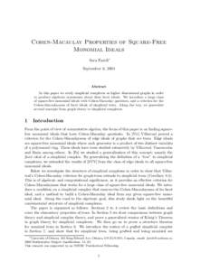 Cohen-Macaulay Properties of Square-Free Monomial Ideals Sara Faridi∗ September 6, 2004  Abstract