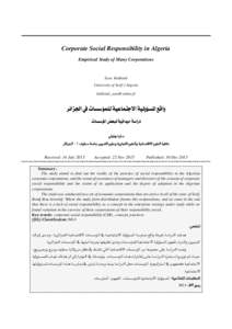 Corporate Social Responsibility in Algeria Empirical Study of Many Corporations Sara Bahlouli University of Setif-1 Algeria 