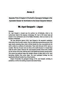 Annex 2 Separate Print of Chapter B (The Earth’s Geological Heritage) in the Application Dossier for Nomination to the Global Geoparks Network Mt. Apoi Geopark – Japan Summary