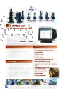 STRATEGIC Cash Le module points de vente La solution Cash répond aux besoins des entreprises de la distribution : le commerce de détail, les franchises, magasins de boissons, discounts, alimentation, etc.