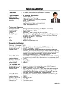 CURRICULUM VITAE Objectives :  To develop career in teaching and research profession