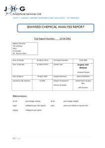Unit 2 Airside, Airport Business Park, Killowen , Waterford.  SEAWEED CHEMICAL ANALYSIS REPORT PETROCHEMICAL ANALYSIS SECTION