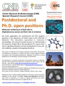 Centro Nacional de Biotecnología (CNB) Spanish Research Council (CSIC) Postdoctoral	
  and	
   Ph.D.	
  open	
  posi5ons	
   Molecular	
  architecture	
  of	
  lipid	
  ra0s	
  in	
  