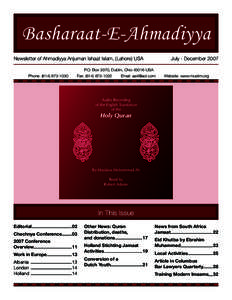 Basharaat-E-Ahmadiyya Newsletter of Ahmadiyya Anjuman Ishaat Islam, (Lahore) USA July - December[removed]P.O. Box 3370, Dublin, Ohio[removed]USA