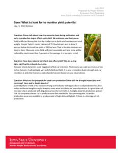 July 2012 Prepared by Roger Elmore, Extension Corn Specialist Iowa State University Extension and Outreach  Corn: What to look for to monitor yield potential