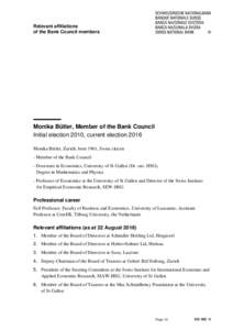 Relevant affiliations of the Bank Council members Monika Bütler, Member of the Bank Council Initial election 2010, current election 2016 Monika Bütler, Zurich, born 1961, Swiss citizen