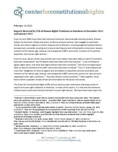 February 13, 2012 Reports Received by CCR of Human Rights Violations in Honduras in December 2011 and January 2012