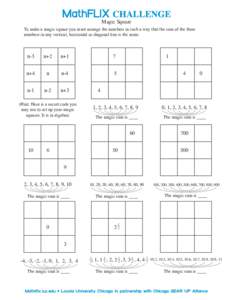 Magic Square  To make a magic square you must arrange the numbers in such a way that the sum of the three numbers in any vertical, horizontal or diagonal line is the same.  n-3