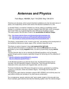 Antennas and Physics Felix Meyer, HB9ABX, April 11thMay 13th 2014 Antennas are structures, which convert electrical oscillations of a line into radio waves in space, and respectively convert radio waves into elec
