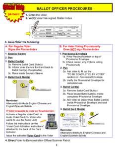 BALLOT OFFICER PROCEDURES Job Card 3 1. Greet the Voter 2. Verify Voter has signed Roster-Index