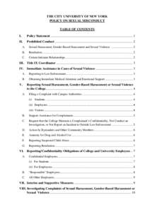 THE CITY UNIVERSITY OF NEW YORK POLICY ON SEXUAL MISCONDUCT TABLE OF CONTENTS I.  Policy Statement ...................................................................................................... 1