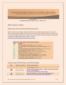 Issue: July 2012 Next MEPAG Meeting – October 3-4, 2012 – Monrovia, CA Mars Science News (NASA) Science Mission Directorate (SMD) Announcement: SMD has created a new web page on SARA through which we are soliciting v