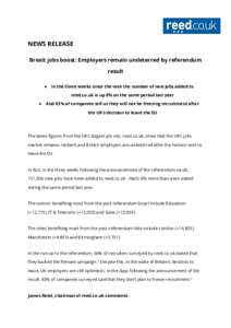 NEWS RELEASE Brexit jobs boost: Employers remain undeterred by referendum result ●  In the three weeks since the vote the number of new jobs added to