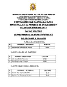 UNIVERSIDAD NACIONAL MAYOR DE SAN MARCOS (Universidad del Perú, DECANA DE AMÉRICA) FACULTAD DE DERECHO Y CIENCIA POLÍTICA OFICINA DE COMISIONES PERMANENTES  POSTULANTES QUE PASAN A LA CLASE