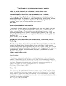 What People are Saying about an Inclusive Anthem About the Recent Proposal in the Government’s Throne Speech[removed]Alexandra, Danielle, Gillian, Maya, Naia, & Samantha, Grade 5 students : “We are a group of Grade 5 