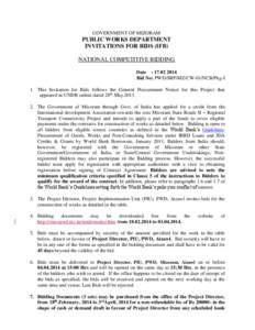 GOVERNMENT OF MIZORAM  PUBLIC WORKS DEPARTMENT INVITATIONS FOR BIDS (IFB) NATIONAL COMPETITIVE BIDDING Date : [removed]