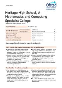 School report  Heritage High School, A Mathematics and Computing Specialist College Boughton Lane, Clowne, Chesterfield, S43 4QG