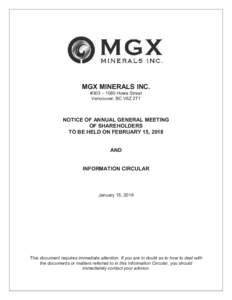 MGX MINERALS INC. #303 – 1080 Howe Street Vancouver, BC V6Z 2T1 NOTICE OF ANNUAL GENERAL MEETING OF SHAREHOLDERS