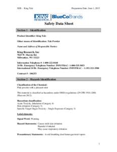 SDS - King Talc  Preparation Date: June 1, 2015 Safety Data Sheet Section 1 – Identification