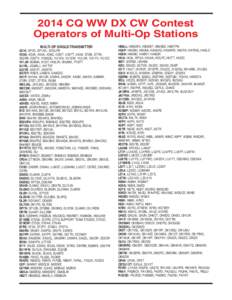 2014 CQ WW DX CW Contest Operators of Multi-Op Stations MULTI-OP SINGLE-TRANSMITTER 3Z1K: SP1D, SP1IVL, SP3LPR 4O3A: 4O3A, 4O4A, 4O6Z, 4O9IT, 4O9TT, 9A3A, E7ØA, E77W, ES2RR, ES5TV, YO9GZU, YU1EA, YU1EW, YU1JW, YU1YV, YU