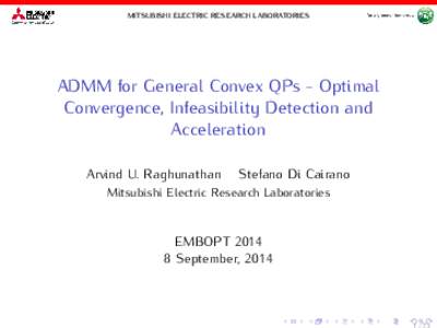 MITSUBISHI ELECTRIC RESEARCH LABORATORIES  ADMM for General Convex QPs - Optimal Convergence, Infeasibility Detection and Acceleration Arvind U. Raghunathan