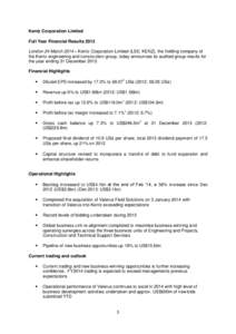 Kentz Corporation Limited Full Year Financial Results 2013 London 24 March 2014 – Kentz Corporation Limited (LSE: KENZ), the holding company of