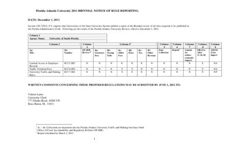 Florida Atlantic University 2011 BIENNIAL NOTICE OF RULE REPORTING DATE: December 1, 2011 Section), F.S. requires that Universities of the State University System publish a report of the Biennial review of all 