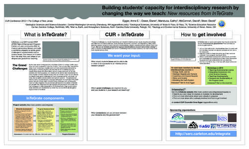 Building students’ capacity for interdisciplinary research by changing the way we teach: New resources from InTeGrate Egger, Anne E. ; Doser, Diane ; Manduca, Cathy ; McConnell, David ; Steer, David 1  CUR Conference 2