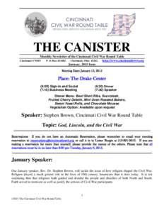 ______________________________________________________________________________  THE CANISTER Monthly Newsletter of the Cincinnati Civil War Round Table Cincinnati CWRT P. O. Box[removed]