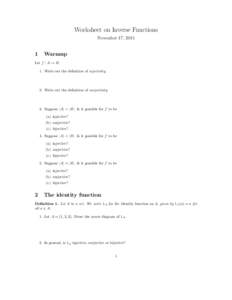 Worksheet on Inverse Functions November 17, Warmup