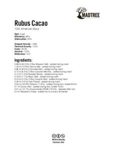 Rubus Cacao 13-E American Stout Size: 5 gal Efficiency: 86% Attenuation: 85%