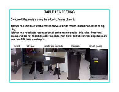 TABLE LEG TESTING Compared 5 leg designs using the following figures of merit: 1) lower rms amplitude of table motion above 70 Hz (to reduce in-band modulation of clipping) 2) lower rms velocity (to reduce potential back