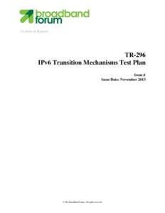 Technical Report  TR-296 IPv6 Transition Mechanisms Test Plan Issue:1 Issue Date: November 2013