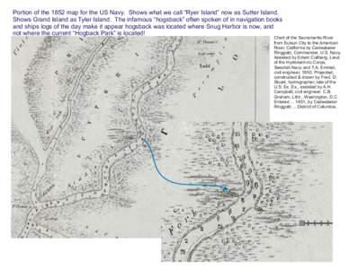 Portion of the 1852 map for the US Navy. Shows what we call “Ryer Island” now as Sutter Island. Shows Grand Island as Tyler Island. The infamous “hogsback” often spoken of in navigation books and ships logs of th